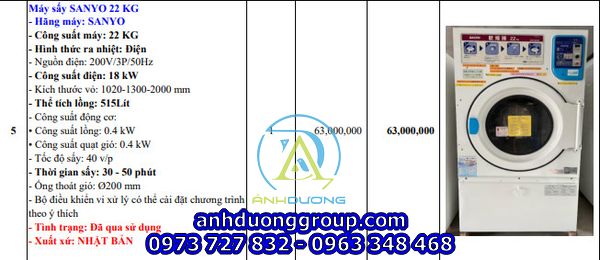 Máy sấy công nghiệp Sanyo 22kg cũ nhật bãi 